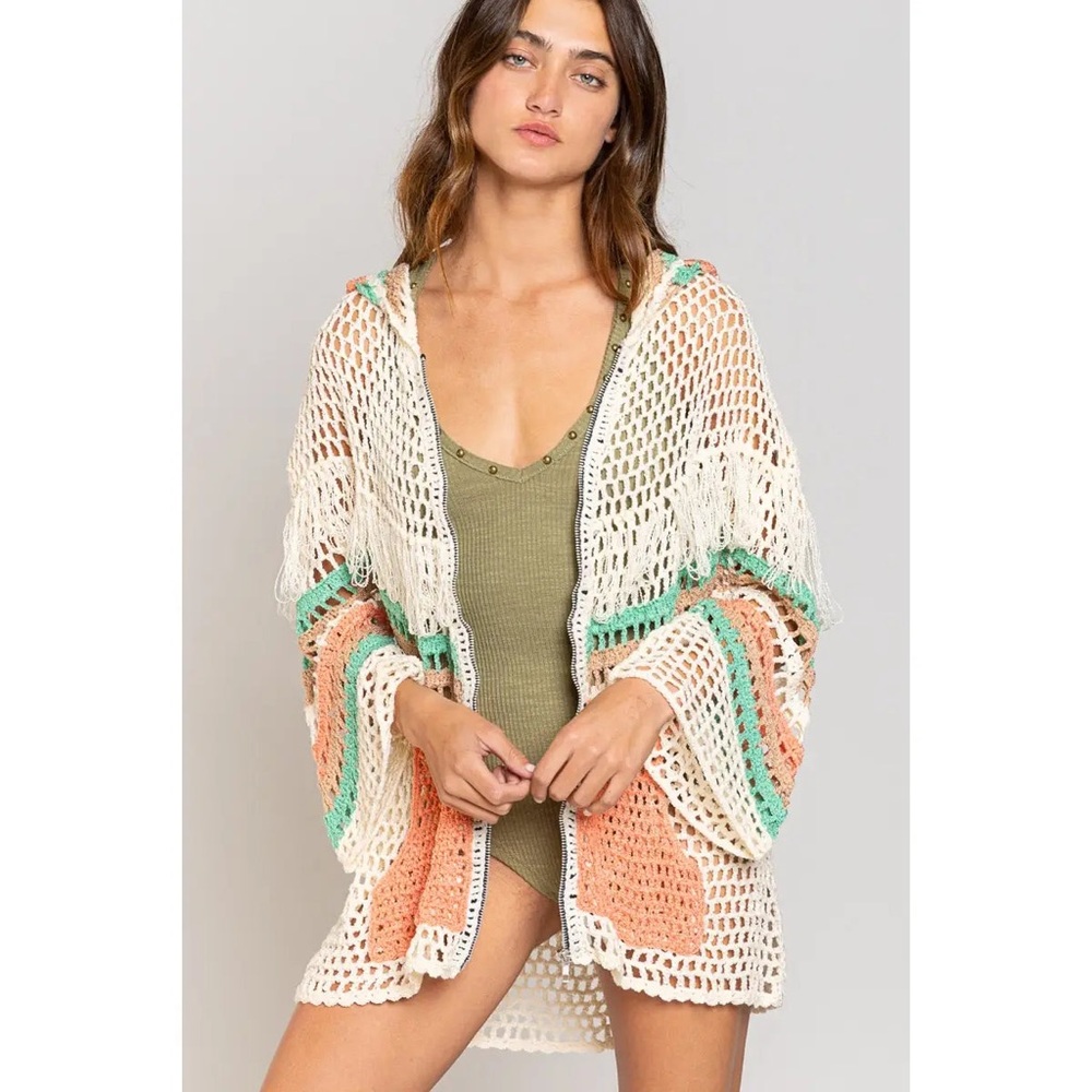POL Crochet Fringe Lightweight Sweater‎ Cardigan